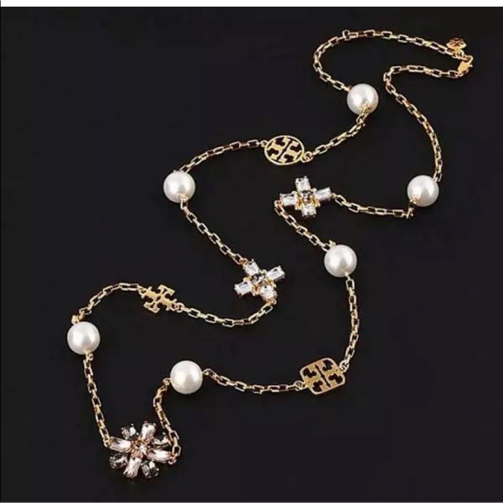 🎁 TORY BURCH NEW CRYSTAL FLOWER & PEARL NWT $268